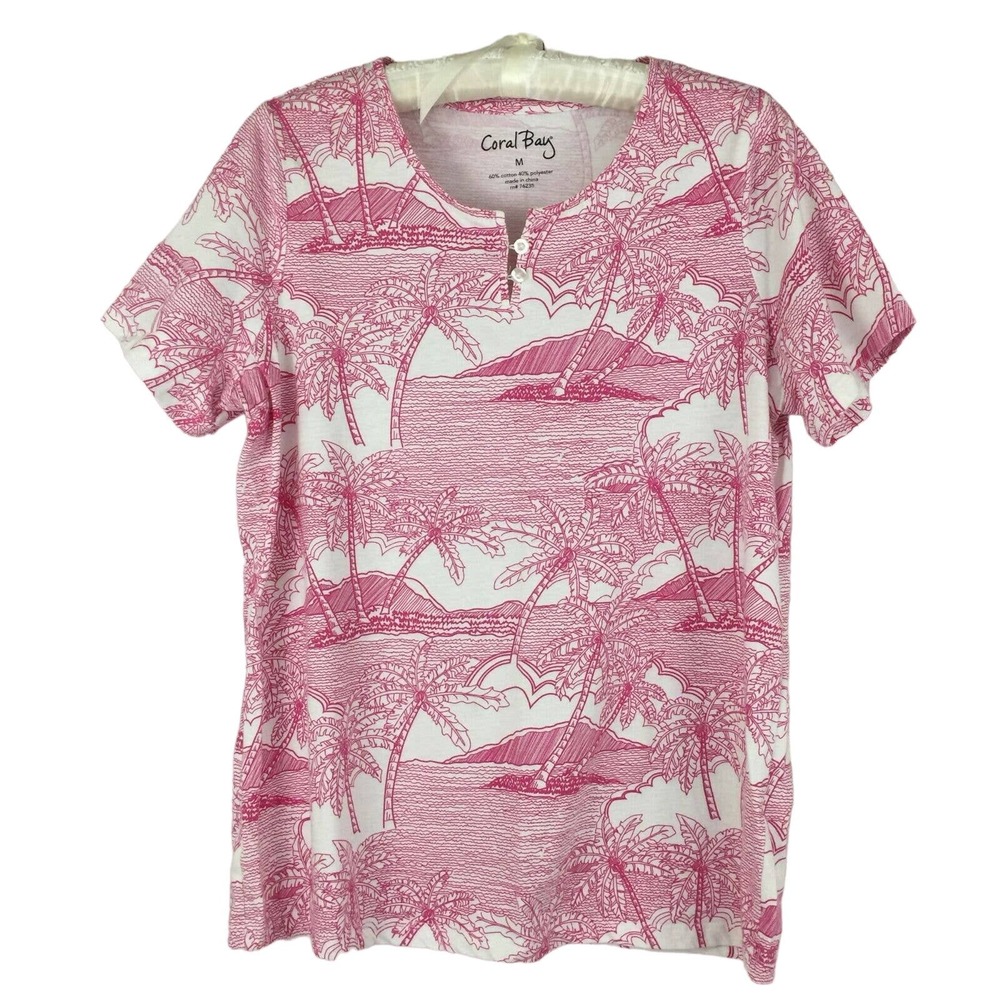 Coral Bay Pink Palm Island Tropical Short Sleeve Knit Blouse T Shirt Top Sz M